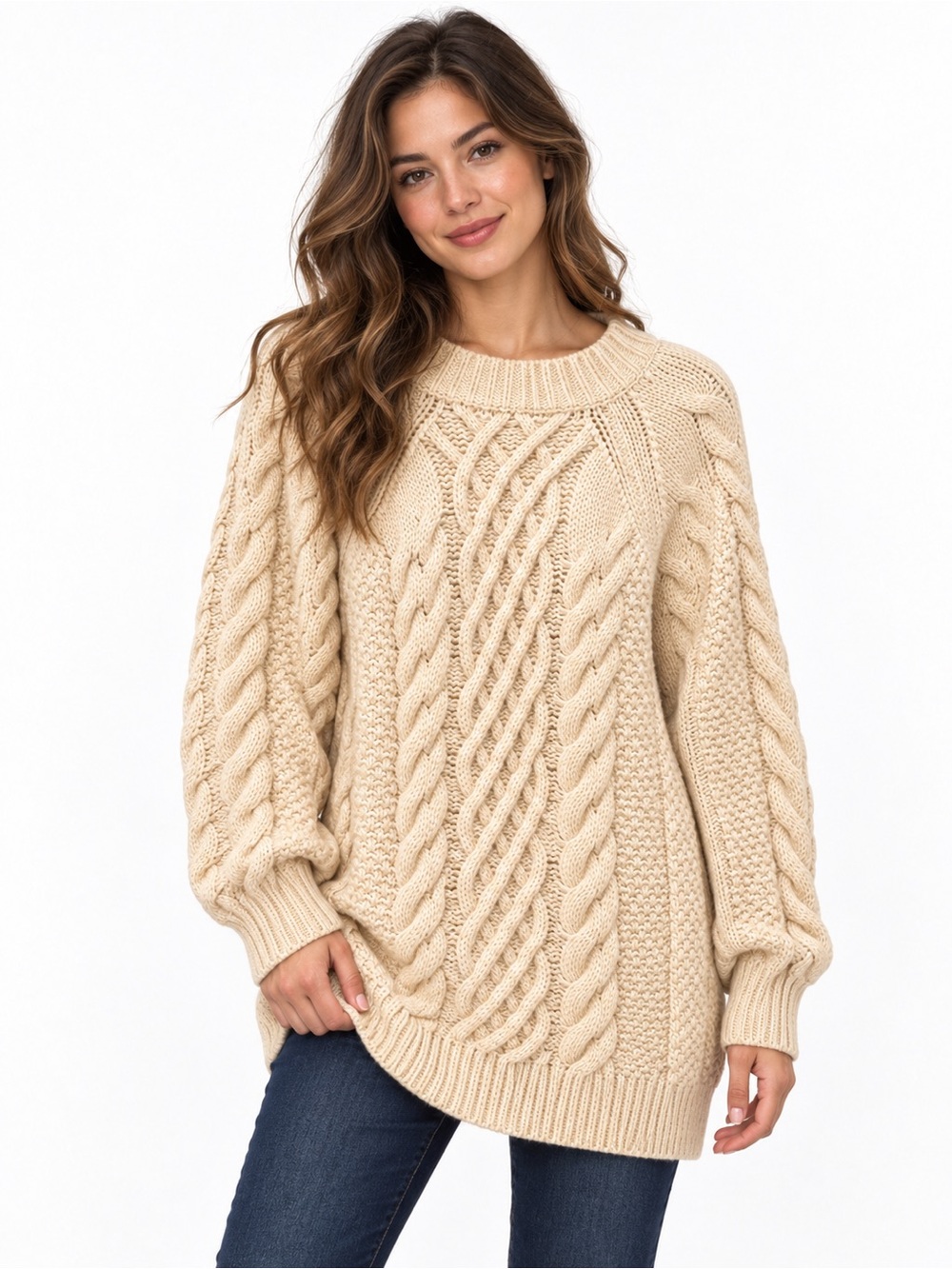 Amazon Cream Cable Knit Crewneck Sweater
